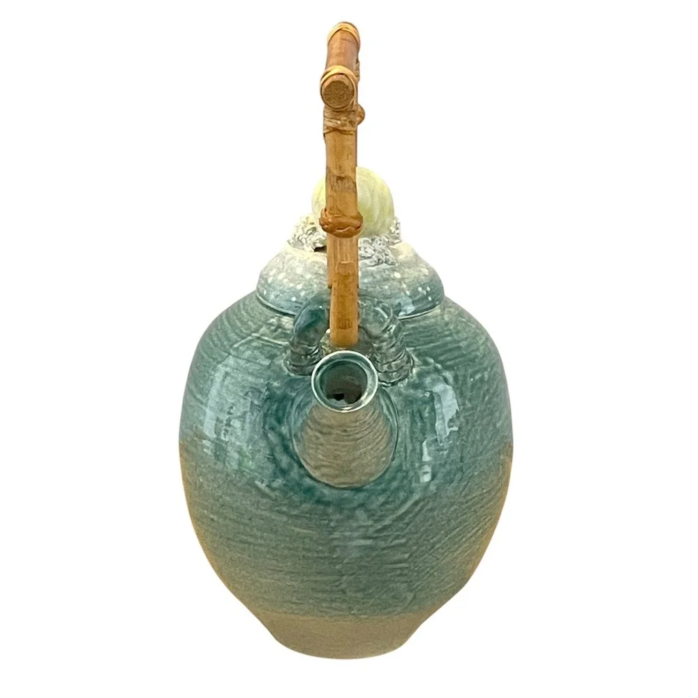 VTG Valencia Maui Raku Studio Pottery Teapot Shell Coral Lid Bamboo Handle Ocean
